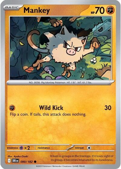 Mankey Reverse Holofoil DRI #090/182 (Near Mint Common) Pokemon: SV10: Destined Rivals