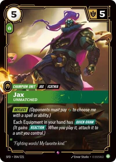 Jax - Unmatched Foil SFD #054/221 (Near Mint Rare) Riftbound: League of Legends Trading Card Game: Spiritforged