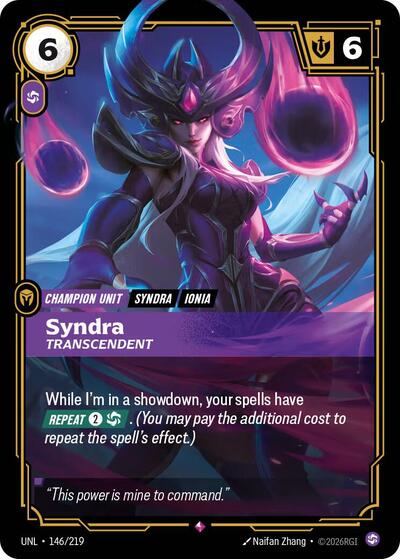 Syndra - Transcendent Foil UNL #146/219 (Near Mint Rare) Riftbound: League of Legends Trading Card Game: Unleashed