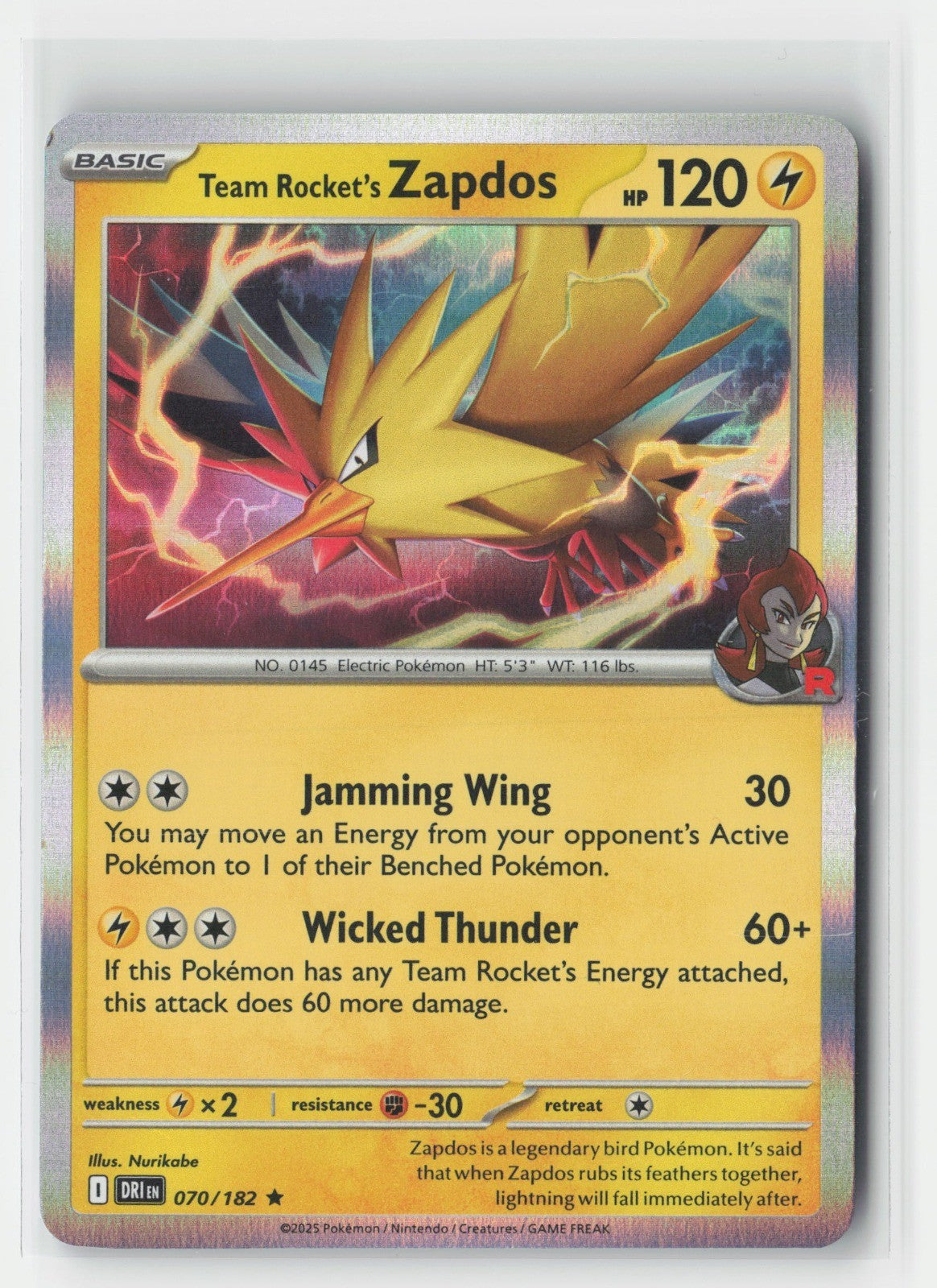 Team Rocket's Zapdos Holofoil SV10: Destined Rivals DRI 070/182 Pokemon TCG
