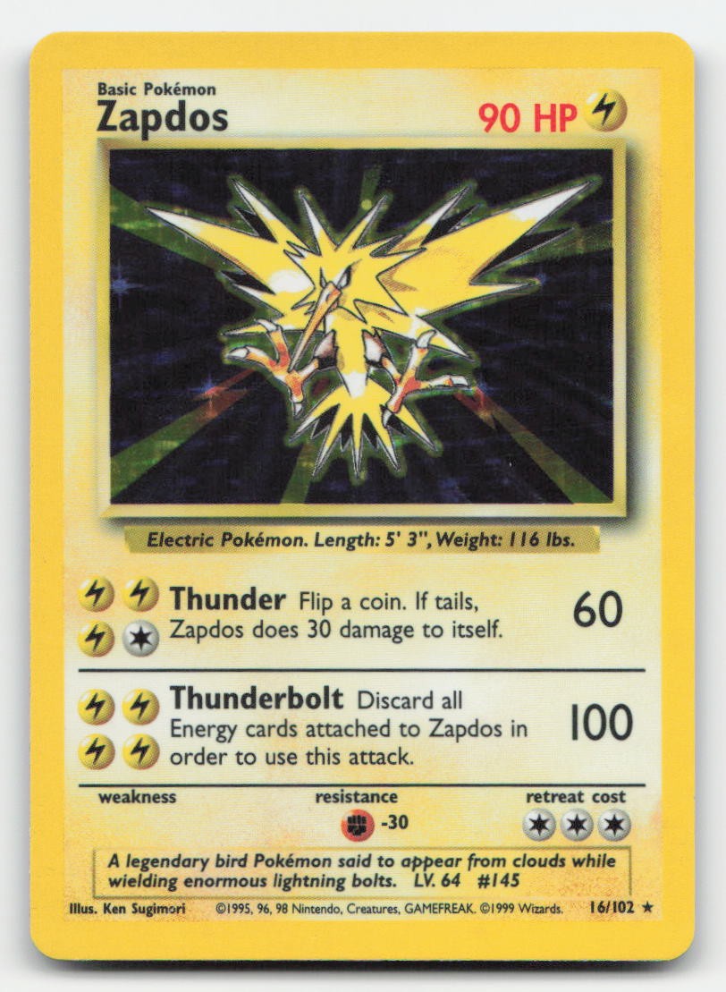 Zapdos Holo Base Set Unlimited 16/102 Holo Rare Pokemon HP