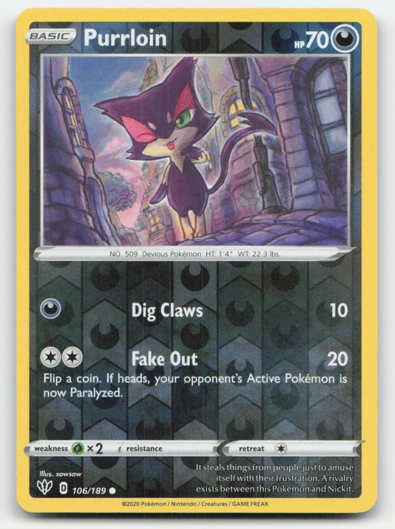 Purrloin Reverse Holo Darkness Ablaze 106/189 C Pokemon NM