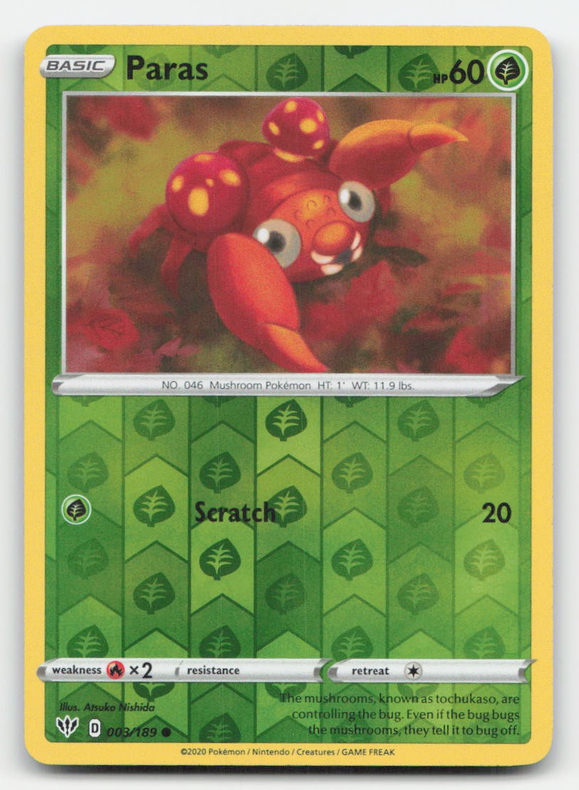 Paras Reverse Holo Darkness Ablaze 003/189 C Pokemon NM