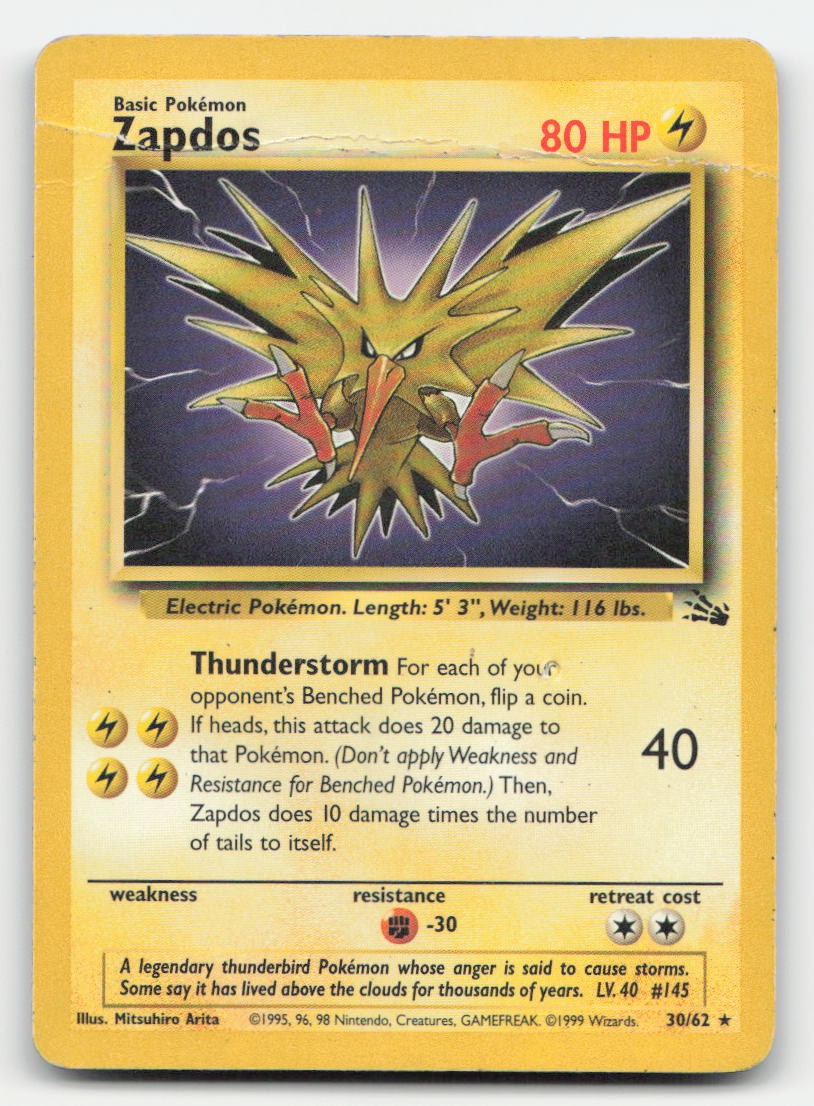 Zapdos Unlimited Fossil 30/62 R Pokemon DMG