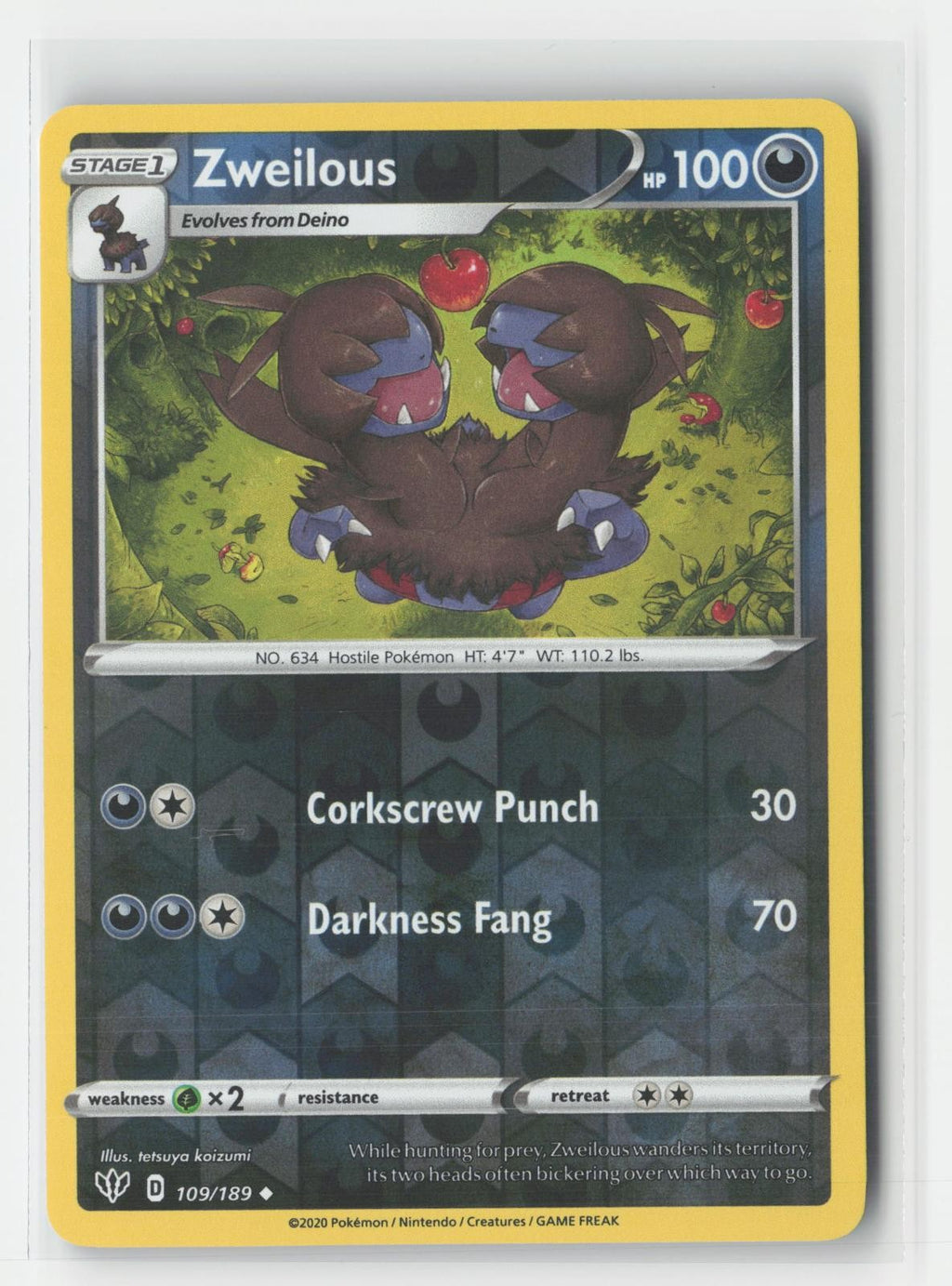 Zweilous Reverse Holo Darkness Ablaze 109/189 UC Pokemon NM
