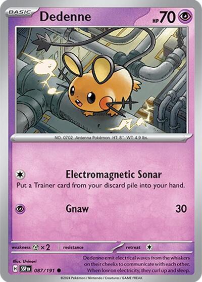 Dedenne Reverse Holofoil SSP #087/191 (Near Mint Common) Pokemon: SV08: Surging Sparks