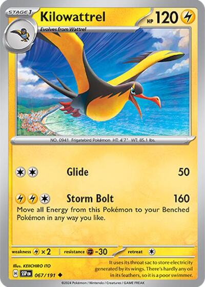 Kilowattrel Reverse Holofoil SSP #067/191 (Near Mint Uncommon) Pokemon: SV08: Surging Sparks