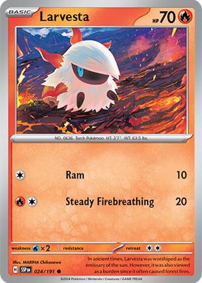 Larvesta 024 191 Reverse Holofoil SSP #024/191 (Near Mint Common) Pokemon: SV08: Surging Sparks