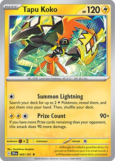 Tapu Koko Holofoil SSP #065/191 (Near Mint Rare) Pokemon: SV08: Surging Sparks