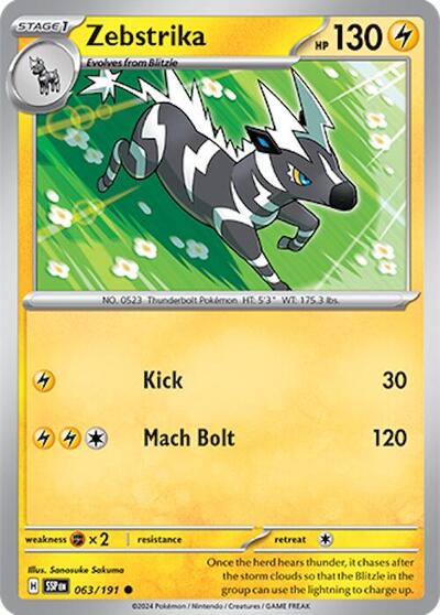 Zebstrika Reverse Holofoil SSP #063/191 (Near Mint Common) Pokemon: SV08: Surging Sparks