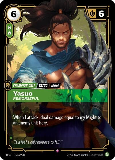 Yasuo - Remorseful Foil OGN #076/298 (Near Mint Rare) Riftbound: League of Legends Trading Card Game: Origins