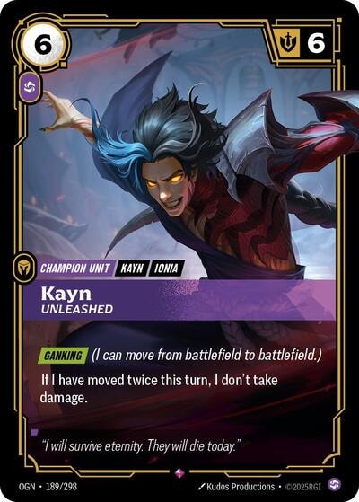 Kayn - Unleashed Foil OGN #189/298 (Near Mint Rare) Riftbound: League of Legends Trading Card Game: Origins