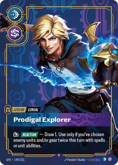 Ezreal - Prodigal Explorer Foil SFD #199/221 (Near Mint Rare) Riftbound: League of Legends Trading Card Game: Spiritforged