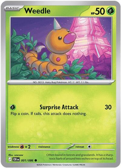 Weedle Reverse Holofoil CRI #001/086 (Near Mint Common) Pokemon: ME04: Chaos Rising